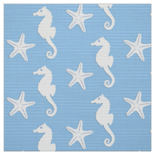 Tissu Cheval de mer et poisson d'eau - blanc sur bleu ci