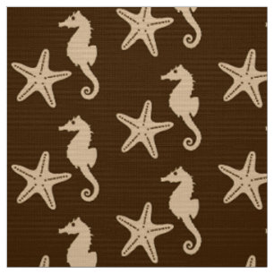 Tissu Cheval de mer et poisson d'eau - brun foncé et bei