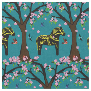 Tissu Cheval folklorique noir/jaune de Dala/oiseaux