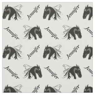 Tissu Cheval noir et blanc tête et nom personnalisé