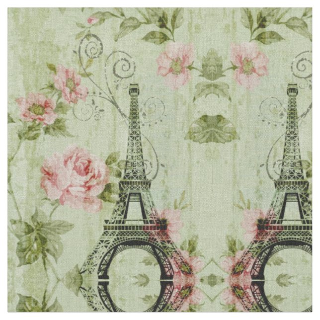 Tissu chic tour de paris fleuris rose à la menthe de pri (Fermer)
