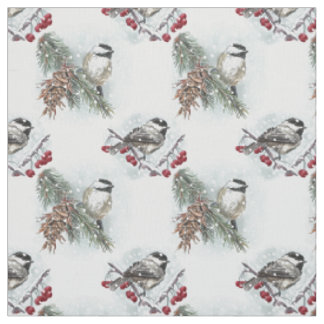 Tissu Chickadee d'hiver Aquarelle Noël