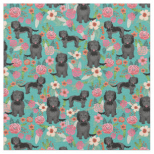 Tissu Chien noir de cokapou vintage floral turquoise