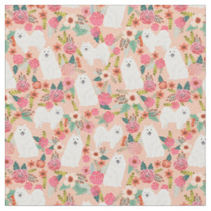 Tissu chien spitz japonais floral vintage pêche