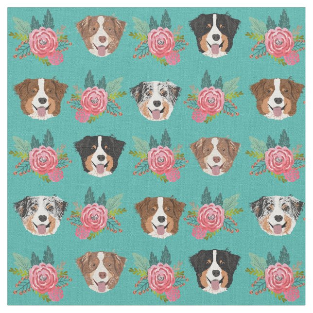 Tissu Chiens australiens et fleurs roses (Fermer)