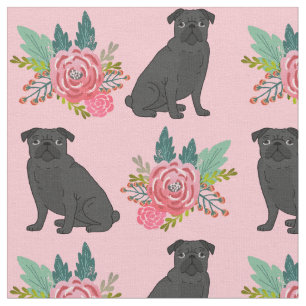 Tissu Chiens de Carlin noir à fleurs roses