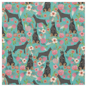 Tissu Chiens de Doberman vintage floral turquoise