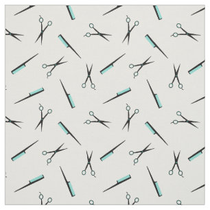Tissu Ciseaux et peignes - blanc noir de turquoise