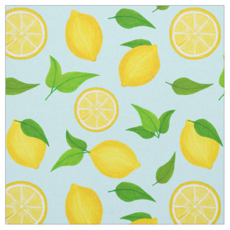 Tissu Citrons d'été Citrons jaunes et Feuilles Pastel Bl