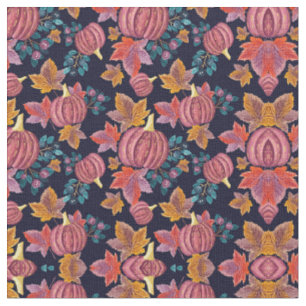 Tissu Citrouille de la marine automnale Feuilles Motif d