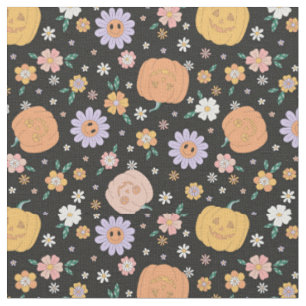Tissu Citrouilles d'Halloween rétro et Motif de fleurs