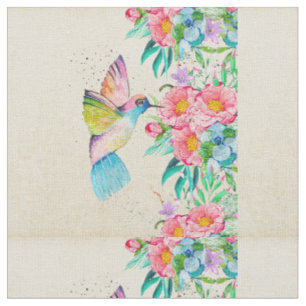 Tissu Colibri et fleurs d'aquarelle