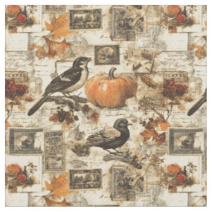 Tissu Collage Ephémère d'automne vintage   Oiseaux rusti
