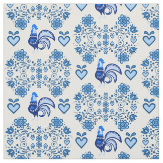 Tissu Coq folk/Cockerel/floral bleu, coeurs 4"