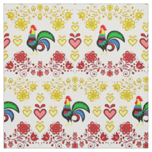 Tissu Coq folklorique/Cockerel or/rouge floral, coeurs/4