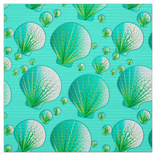Tissu Coquillages verts de mer sur aqua