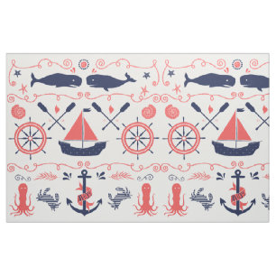 Tissu Corail nautique Orange Marine Baleines cordages et