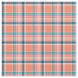 Tissu Corail orange et plaid Girly bleu