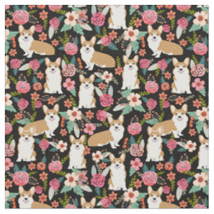Tissu corgi dogs vintage floral noir