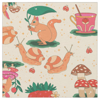 Tissu cottagecore snail magic strawberry squirrel beige