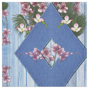 Tissu Couleur de bois bleu clair - ruban bleu et fleurs