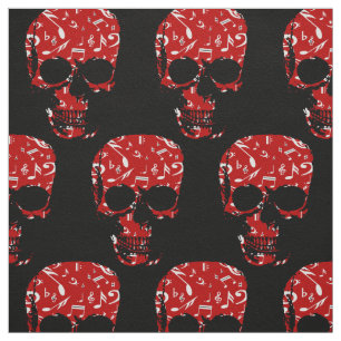 Tissu Crâne noir rouge de notes musicales