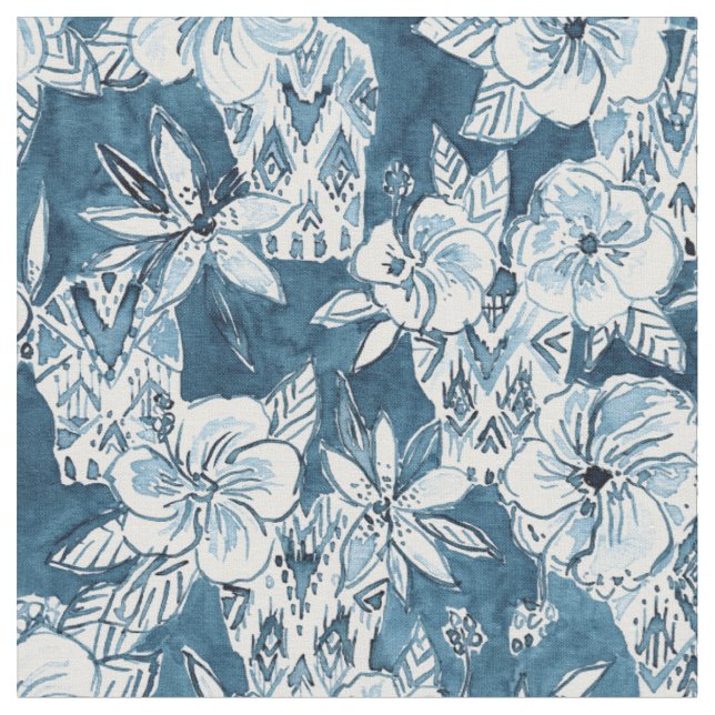 Tissu CRÂNES DANS le motif tropical de ketmie de marine (Fermer)