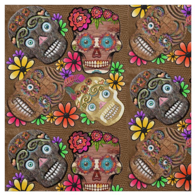 Tissu Crânes de sucre mexicains à fleurs (Échantillon)