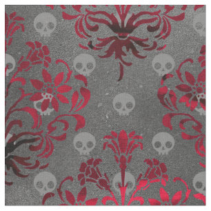 Tissu Crânes et Damas rouges sur gris