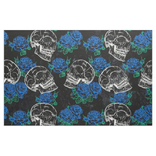 Tissu Crânes et Roses bleus Cool Funky Dark Grunge