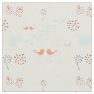 Tissu Crème rétro coloré motif d'oiseaux, points, pieds