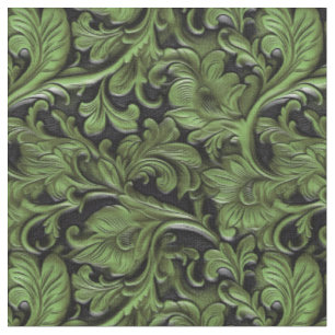Tissu Cuir floral vert chic noir travaillé