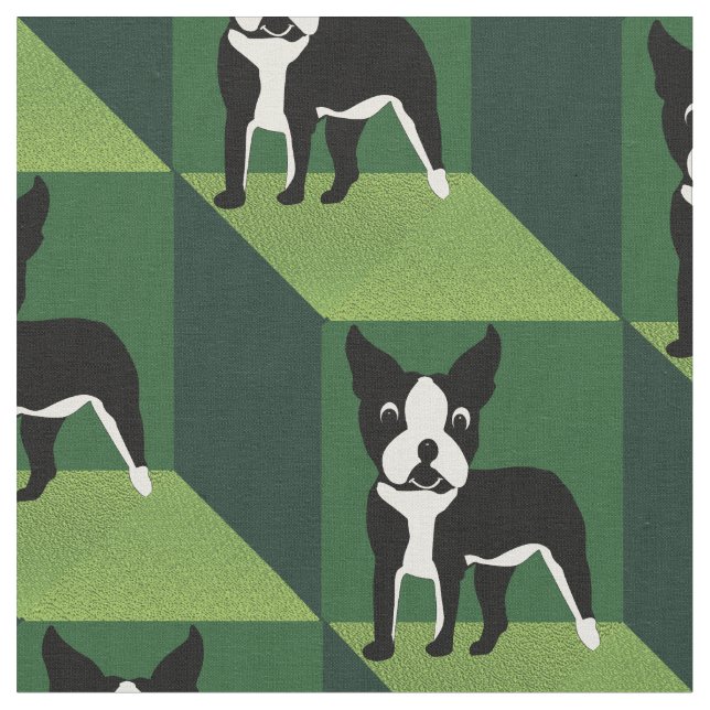 Tissu Cute Boston Terrier sur des cubes verts (Fermer)