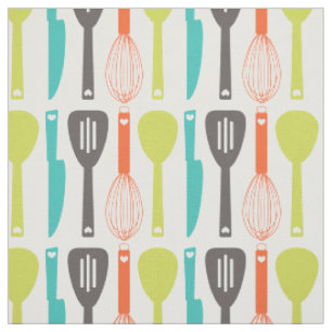 Tissu Cute Retro Green Orange Kitchen Ustensiles Motif