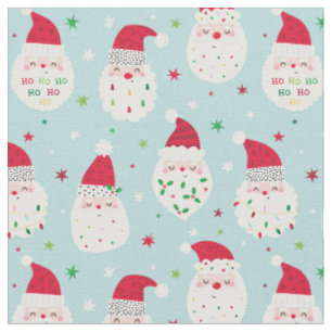 Tissu Cute Santas avec des barbes festives bleu clair