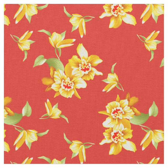 Tissu Daffodiques jaunes sur rouge (Fermer)