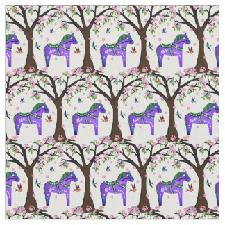 Tissu Dala violet/vert folk cheval/folk oiseaux/fleurs