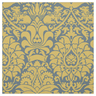 Tissu Damas avec Lions, moutarde sur bleu marine
