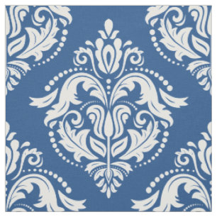 Tissu Damas florales blanches et bleues Motif géométriqu