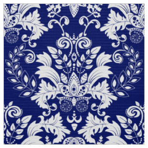 Tissu Damas Florales Ornées Blanches Et Bleues