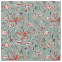 Tissu de pieuvre et de poisson en corail et bleu