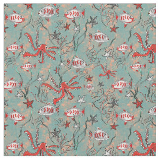 Tissu de pieuvre et de poisson en corail et bleu