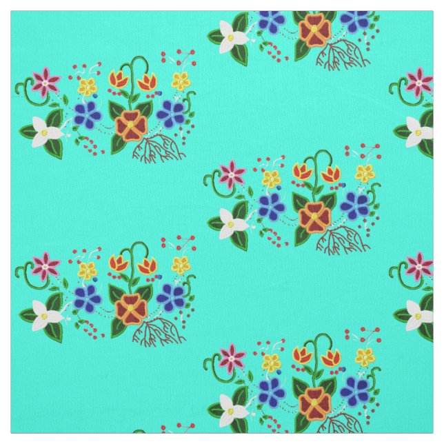 Tissu Design floral ojibwe avec Arrière - plan turquoise (Échantillon)
