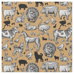 Tissu Dessin vintage des animaux de ferme 