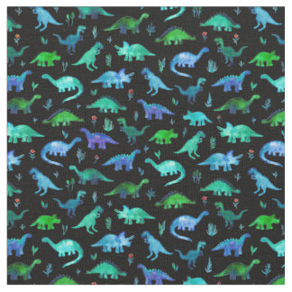 Tissu Dinos minuscules en bleu et vert sur noir