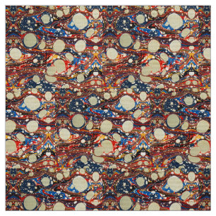 TISSU EAUX ABSTRAITES ROUGES BLEU MARBLÉES, CERCLES BLAN