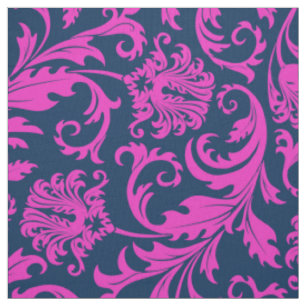 Tissu Élégant Damas Floraux Bleu et Rose Chaud