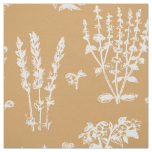 Tissu Élégant Tan Orange White Herbal Garden Motif
