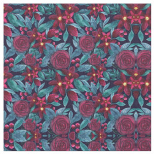 Tissu Elégante marine Bourgogne Noël Floral Aquarelle