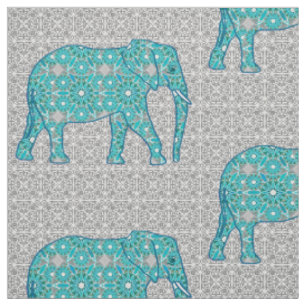 Tissu Éléphant de fleur de mandala - turquoise, gris e